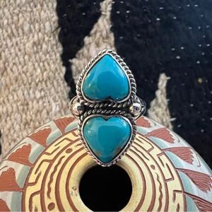 ❤️ Kingman Turquoise 2 Stone Heart Ring Navajo Style Sterling Silver Sz 7.5 - 7G